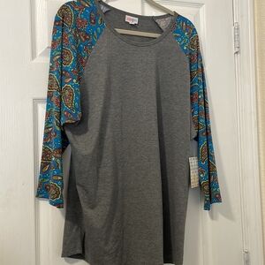 LuLaRoe Gray Top with Blue and Red Paisley Sleeves